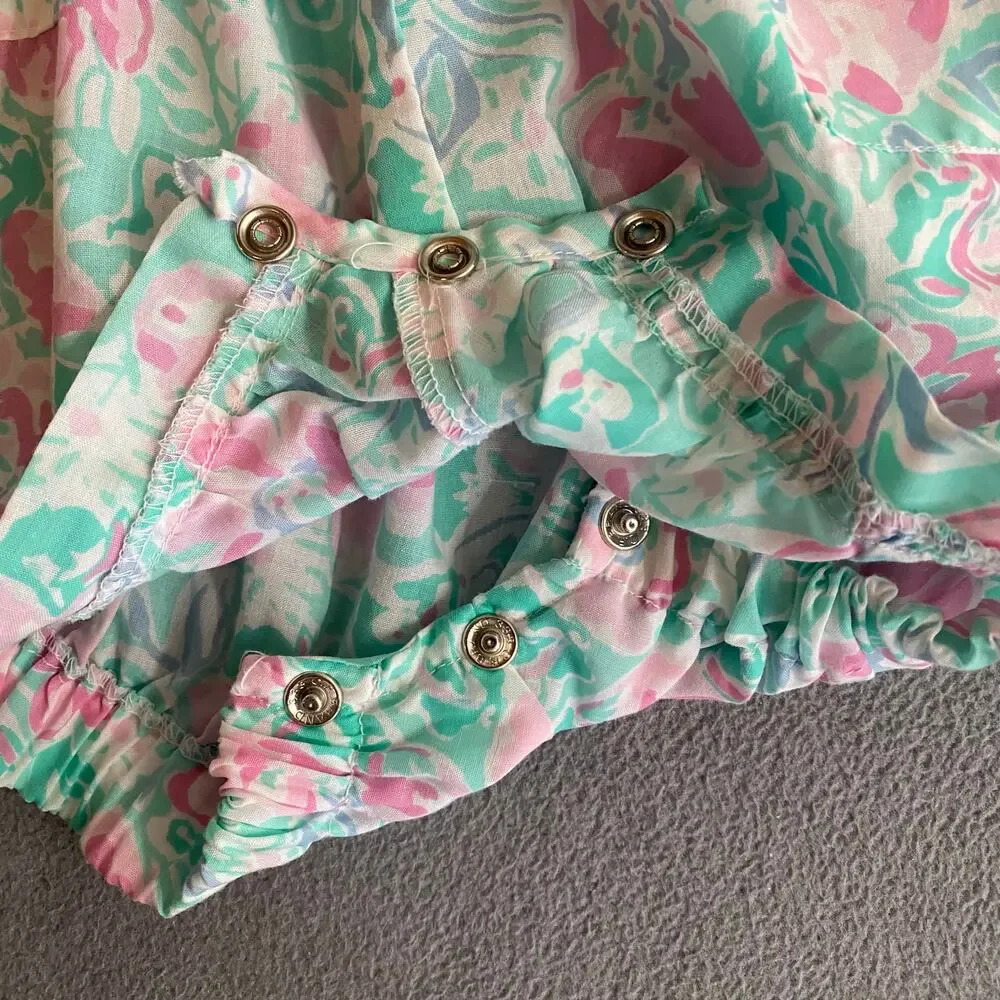 Vintage 80s 90s Lightning Bug Romper Playsuit‎ Kids 2T Floral Ruffle Bow Collar